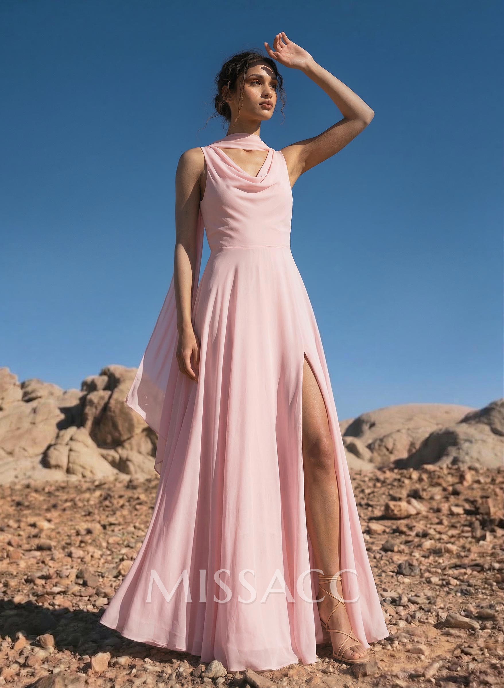 A-Line Cowl Neck Sleeveless Floor-Length Chiffon Bridesmaid Dresses With High Split A-Line Cowl Neck Sleeveless Floor-Length Chiffon Bridesmaid Dresses With High Split