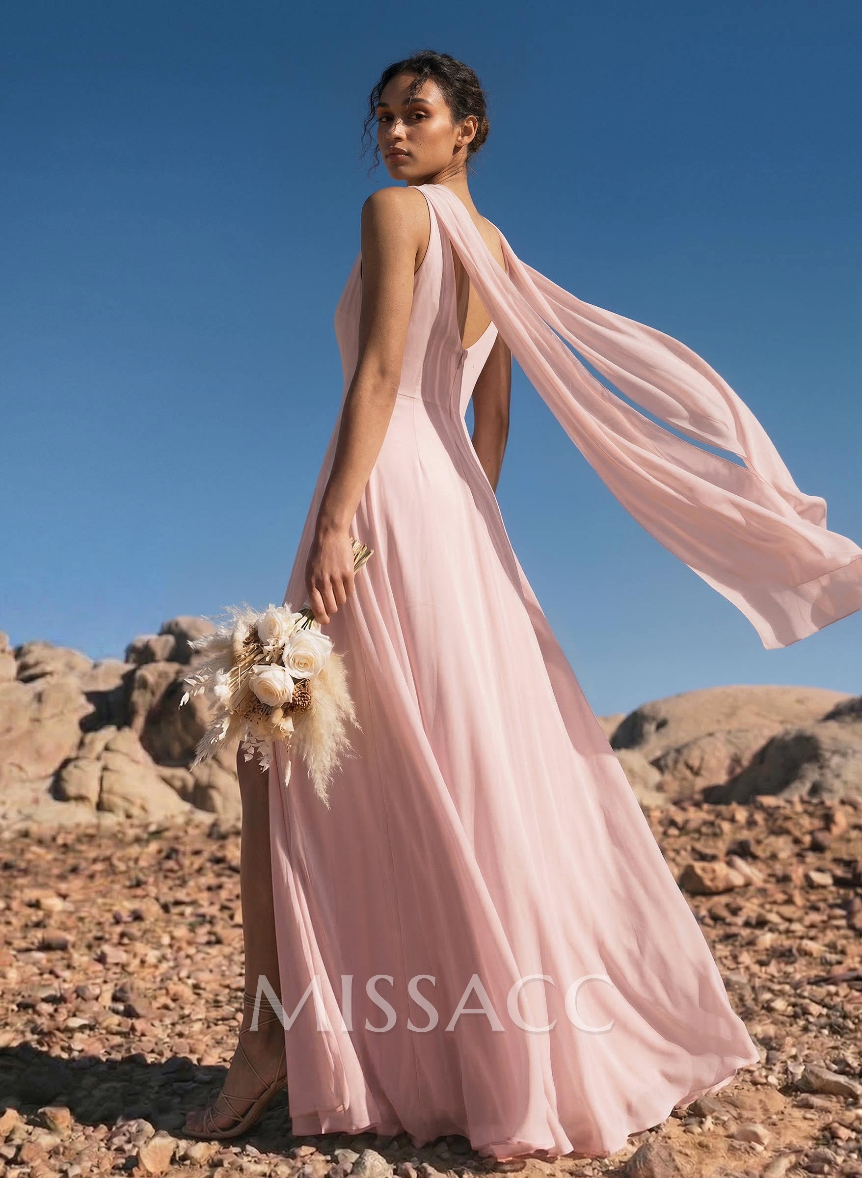 A-Line Cowl Neck Sleeveless Floor-Length Chiffon Bridesmaid Dresses With High Split A-Line Cowl Neck Sleeveless Floor-Length Chiffon Bridesmaid Dresses With High Split
