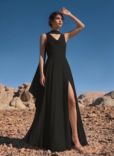 A-Line Cowl Neck Sleeveless Floor-Length Chiffon Bridesmaid Dresses With High Split