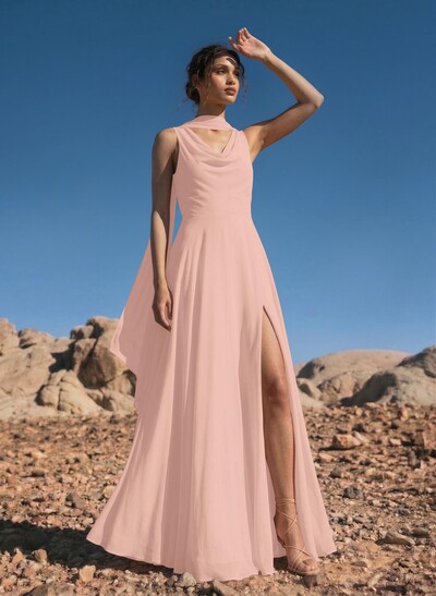 A-Line Cowl Neck Sleeveless Floor-Length Chiffon Bridesmaid Dresses With High Split