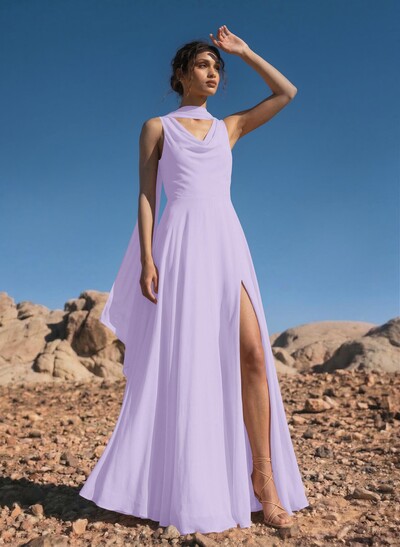 A-Line Cowl Neck Sleeveless Floor-Length Chiffon Bridesmaid Dresses With High Split