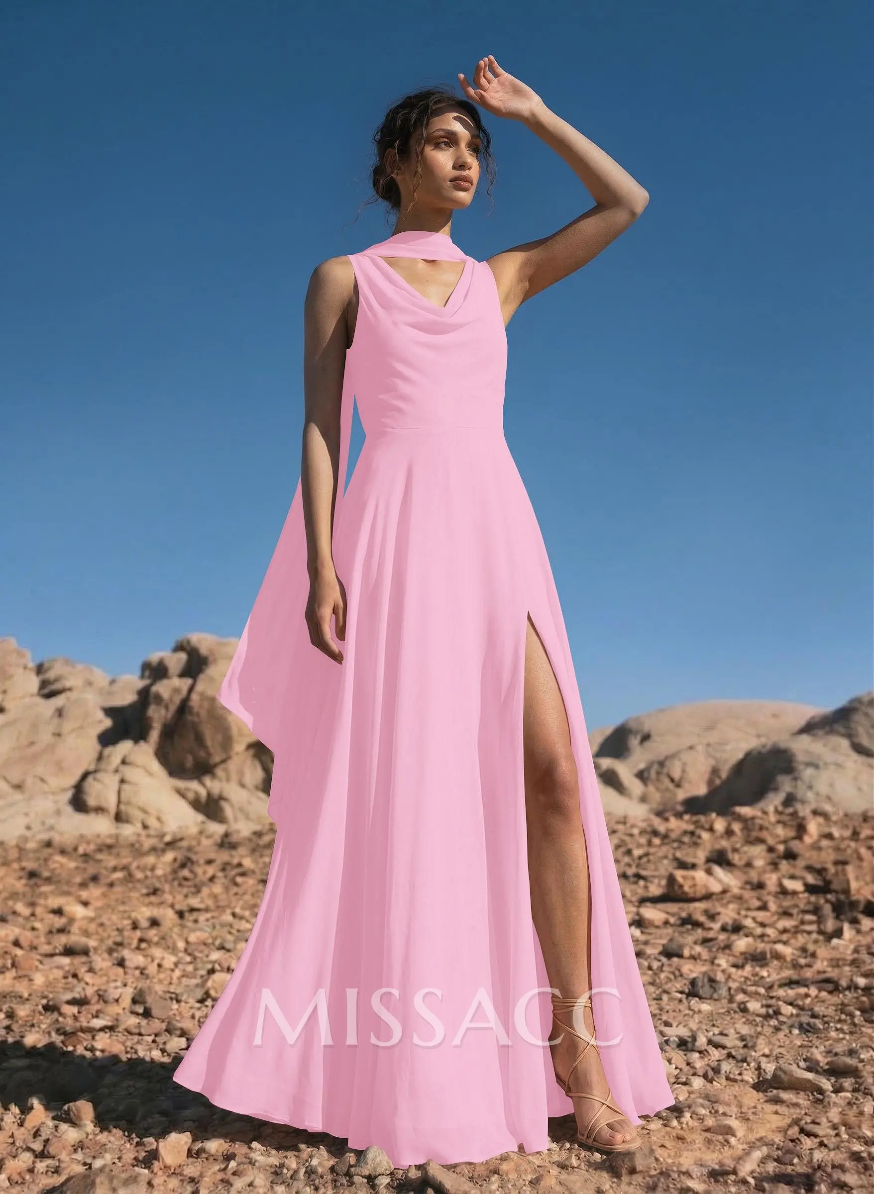 sheath/column cowl neck sleeveless chiffon bridesmaid dresses with pleated split Stacees Off-Shoulder Chiffon Sky Blue Bridesmaid Dress with Pleats Front