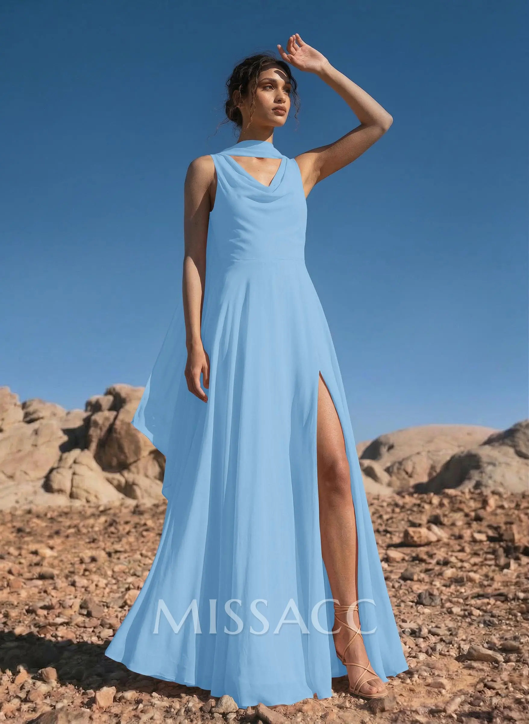 sheath/column cowl neck sleeveless chiffon bridesmaid dresses with pleated split Stacees Bridesmaid Dress V Neck Long Chiffon Pleated Split