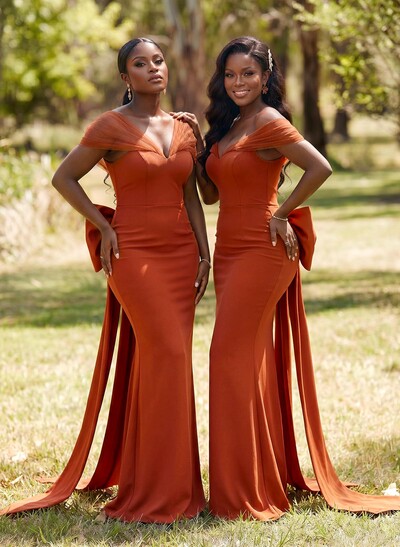 Sheath/Column Off-The-Shoulder Sleeveless Floor-Length Elastic Satin Bridesmaid Dresses