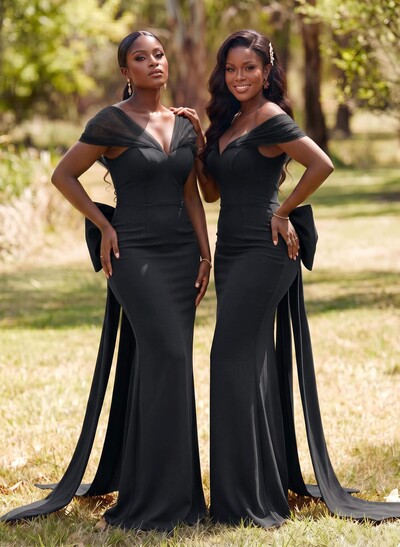 Sheath/Column Off-The-Shoulder Sleeveless Floor-Length Elastic Satin Bridesmaid Dresses