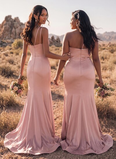 Trumpet/Mermaid One-Shoulder Sleeveless Sweep Train Crepe Satin Bridesmaid Dresses With High Split