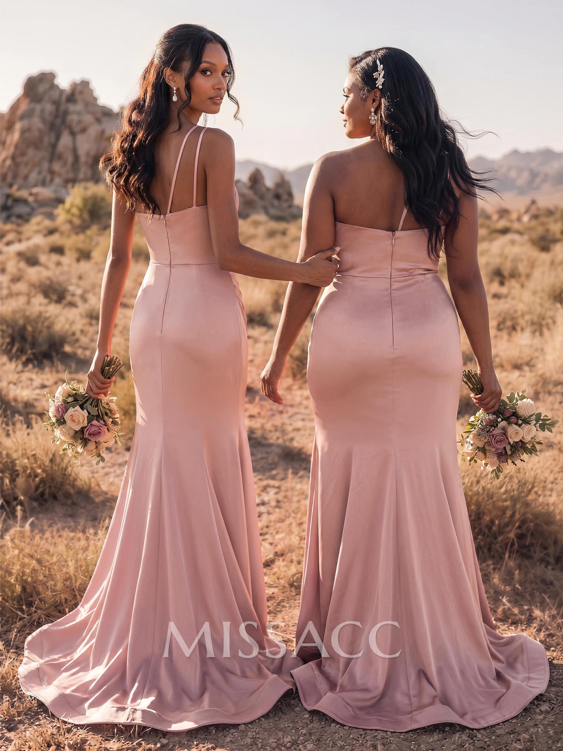 Trumpet/Mermaid One-Shoulder Sleeveless Sweep Train Stretch Satin Bridesmaid Dresses With High Split