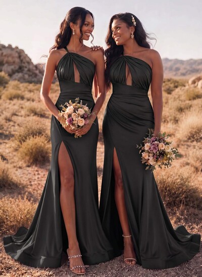 Trumpet/Mermaid One-Shoulder Sleeveless Sweep Train Stretch Satin Bridesmaid Dresses With High Split