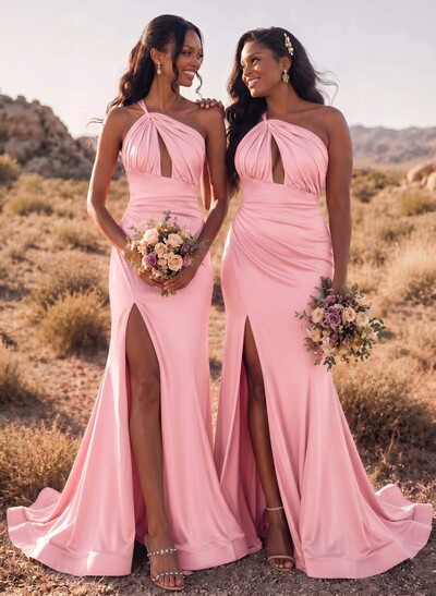Trumpet/Mermaid One-Shoulder Sleeveless Sweep Train Stretch Satin Bridesmaid Dresses With High Split