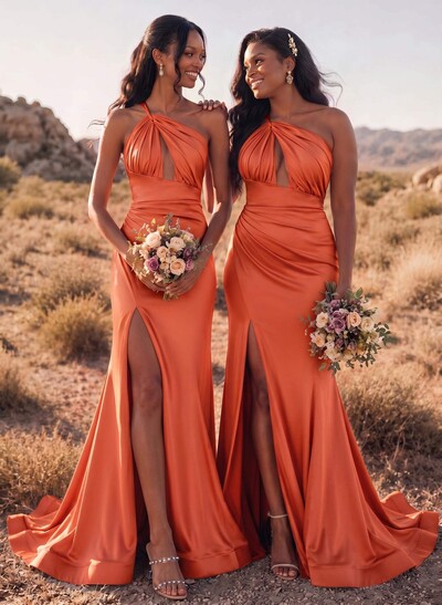 Trumpet/Mermaid One-Shoulder Sleeveless Sweep Train Stretch Satin Bridesmaid Dresses With High Split