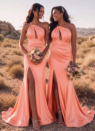 Trumpet/Mermaid One-Shoulder Sleeveless Sweep Train Stretch Satin Bridesmaid Dresses With High Split