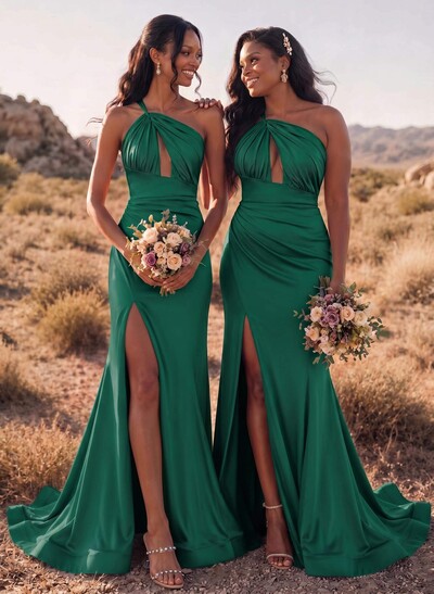 Trumpet/Mermaid One-Shoulder Sleeveless Sweep Train Stretch Satin Bridesmaid Dresses With High Split