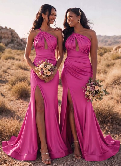 Trumpet/Mermaid One-Shoulder Sleeveless Sweep Train Stretch Satin Bridesmaid Dresses With High Split