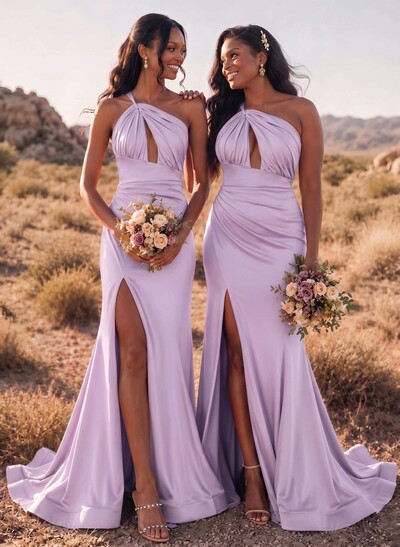 Trumpet/Mermaid One-Shoulder Sleeveless Sweep Train Stretch Satin Bridesmaid Dresses With High Split