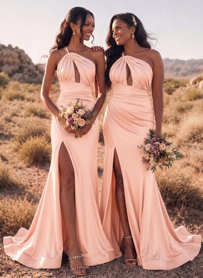 Trumpet/Mermaid One-Shoulder Sleeveless Sweep Train Stretch Satin Bridesmaid Dresses With High Split