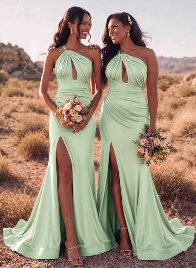 Trumpet/Mermaid One-Shoulder Sleeveless Sweep Train Stretch Satin Bridesmaid Dresses With High Split