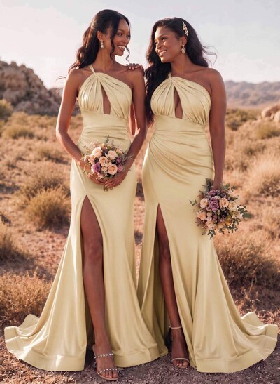 Trumpet/Mermaid One-Shoulder Sleeveless Sweep Train Stretch Satin Bridesmaid Dresses With High Split