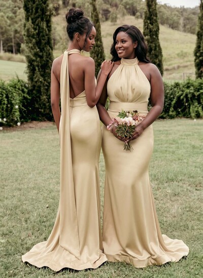 Trumpet/Mermaid Halter Sleeveless Sweep Train Stretch Satin Special Bridesmaid Dresses