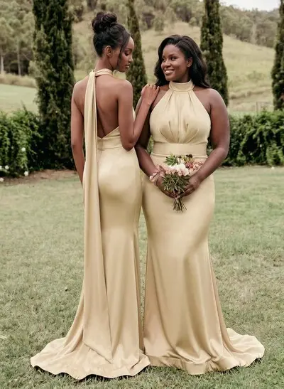 Trumpet/Mermaid Halter Sleeveless Sweep Train Stretch Satin Special Bridesmaid Dresses