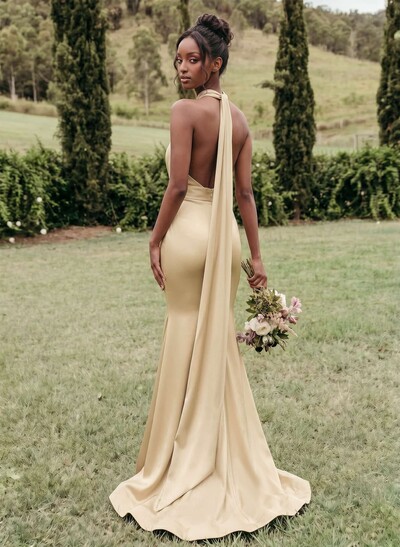 Trumpet/Mermaid Halter Sleeveless Sweep Train Stretch Satin Special Bridesmaid Dresses