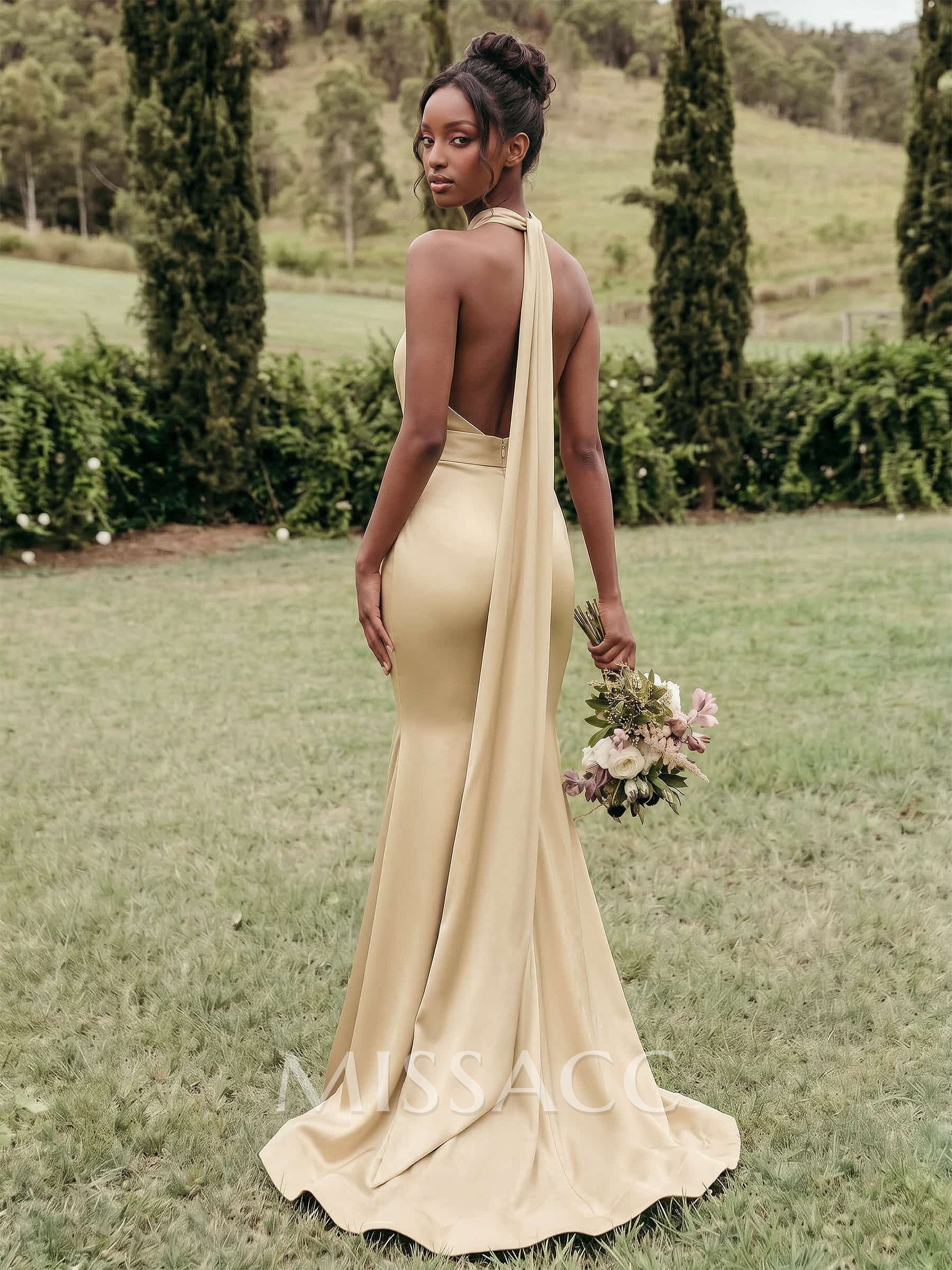 Trumpet/Mermaid Halter Sleeveless Sweep Train Stretch Satin Special Bridesmaid Dresses