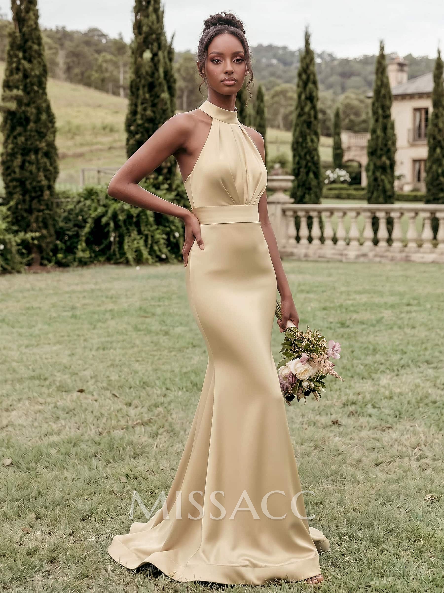 Trumpet/Mermaid Halter Sleeveless Sweep Train Stretch Satin Special Bridesmaid Dresses