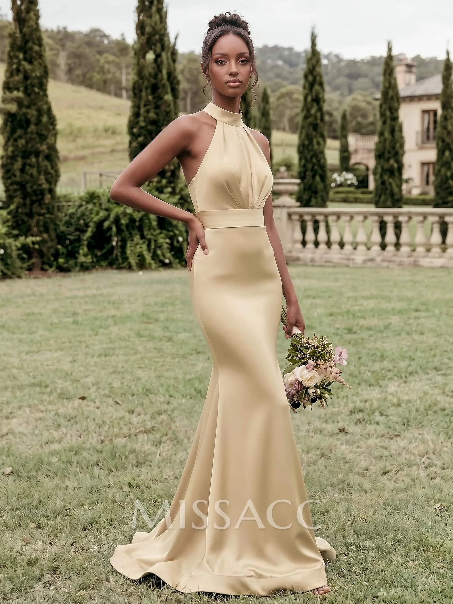stretch satin tank bridesmaid dress with train Trumpet/Mermaid Halter Sleeveless Sweep Special Dresses Size:XLB Charmeuse bridesmaid dresses with Feed-Gender-Womens homecomeing dresses Lovely Sky