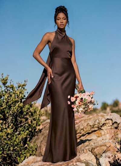 Sheath/Column Halter Sleeveless Floor-Length Stretch Satin Special Bridesmaid Dresses