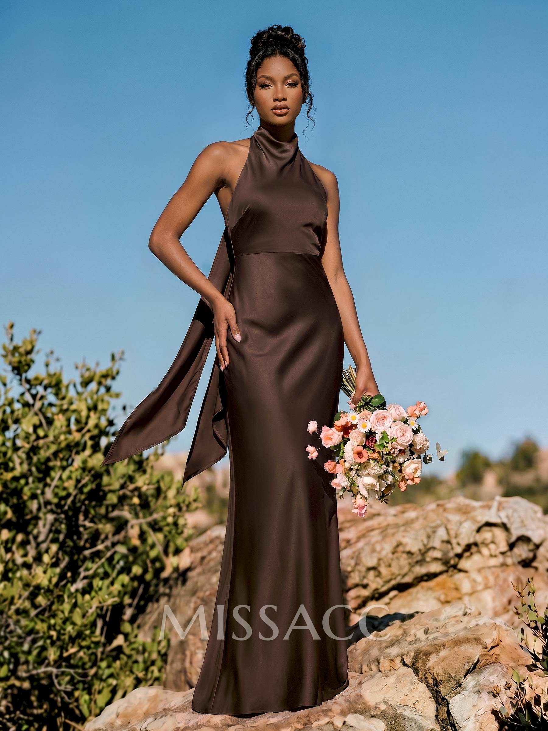 Sheath/Column Halter Sleeveless Floor-Length Stretch Satin Special Bridesmaid Dresses