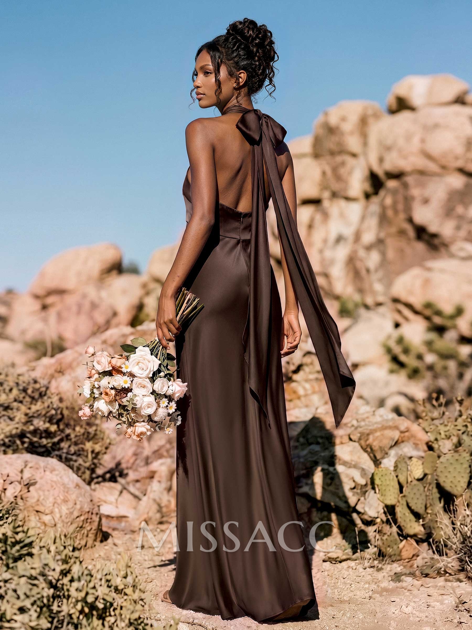 Sheath/Column Halter Sleeveless Floor-Length Stretch Satin Special Bridesmaid Dresses