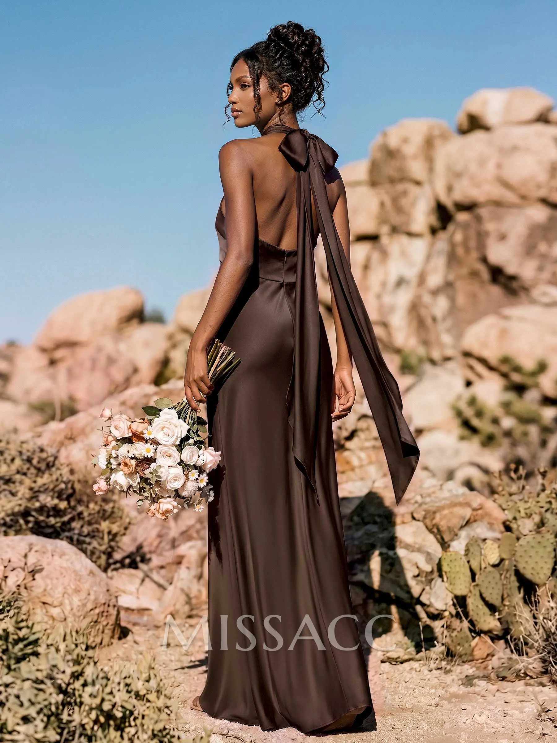brown halter bridesmaid dress Missacc Black Sheath/Column Sleeveless Floor-Length Stretch Satin Special Bridesmaid Dresses brown bridesmaid dresses wedding