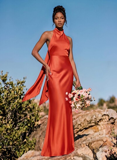Sheath/Column Halter Sleeveless Floor-Length Stretch Satin Special Bridesmaid Dresses