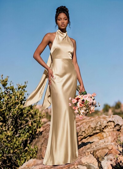 Sheath/Column Halter Sleeveless Floor-Length Stretch Satin Special Bridesmaid Dresses