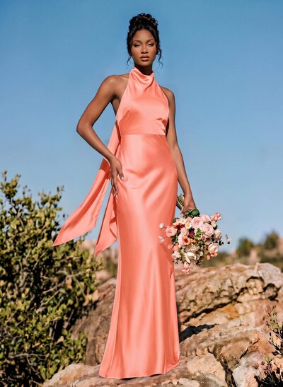 Sheath/Column Halter Sleeveless Floor-Length Stretch Satin Special Bridesmaid Dresses