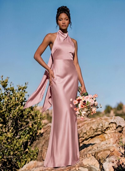 Sheath/Column Halter Sleeveless Floor-Length Stretch Satin Special Bridesmaid Dresses