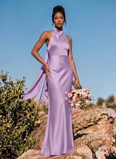 Sheath/Column Halter Sleeveless Floor-Length Stretch Satin Special Bridesmaid Dresses