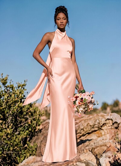 Sheath/Column Halter Sleeveless Floor-Length Stretch Satin Special Bridesmaid Dresses