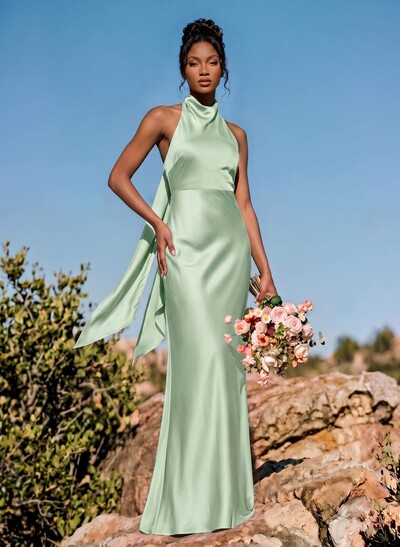 Sheath/Column Halter Sleeveless Floor-Length Stretch Satin Special Bridesmaid Dresses