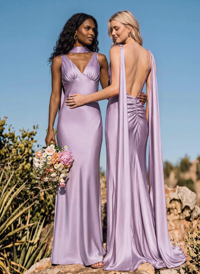Elegant A-Line V-Neck Sleeveless Floor-Length Stretch Satin Bridesmaid Dresses With Back Hole