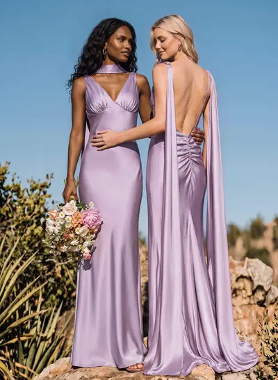 Elegant A-Line V-Neck Sleeveless Floor-Length Stretch Satin Bridesmaid Dresses With Back Hole