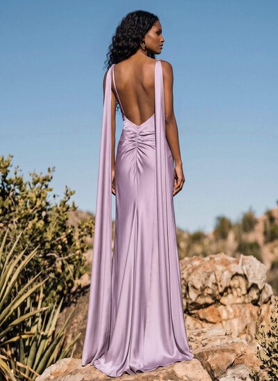 Elegant A-Line V-Neck Sleeveless Floor-Length Stretch Satin Bridesmaid Dresses With Back Hole