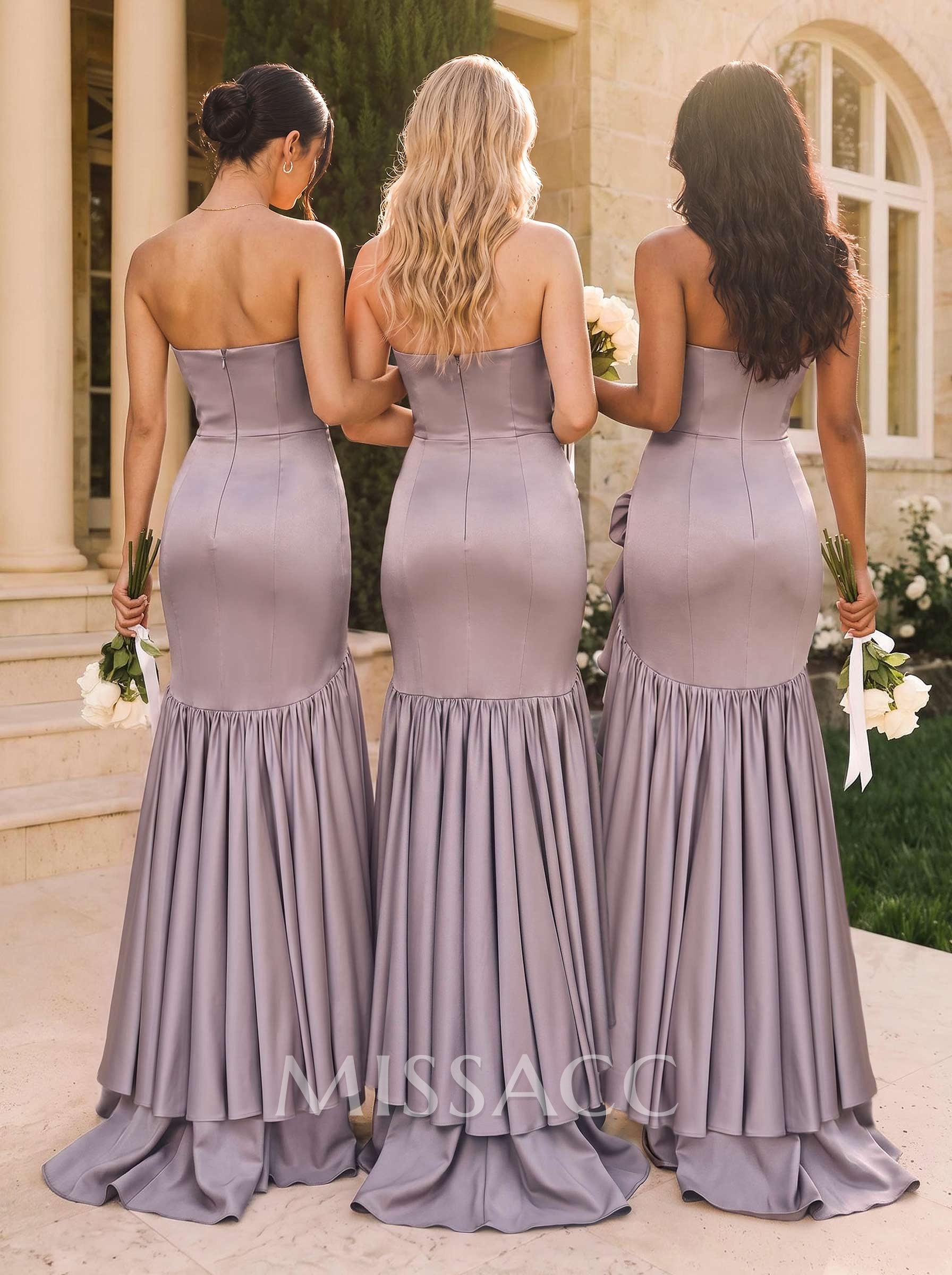 Sheath/Column Strapless Sleeveless Asymmetrical Stretch Satin Bridesmaid Dresses