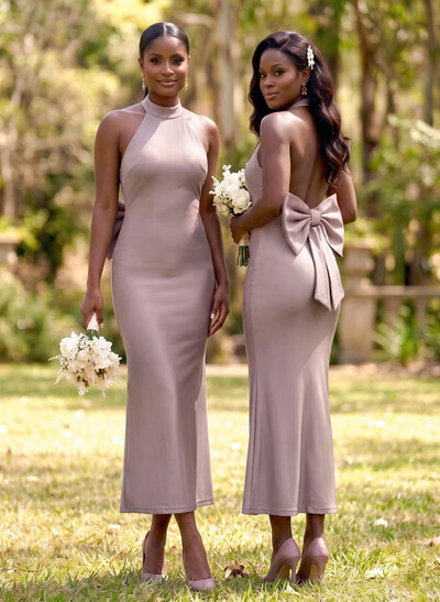 Sheath/Column Halter Sleeveless Ankle-Length Stretch Satin Bridesmaid Dresses