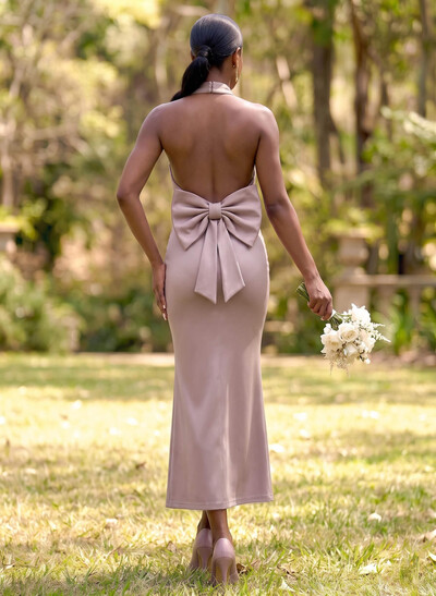 Sheath/Column Halter Sleeveless Ankle-Length Stretch Satin Bridesmaid Dresses