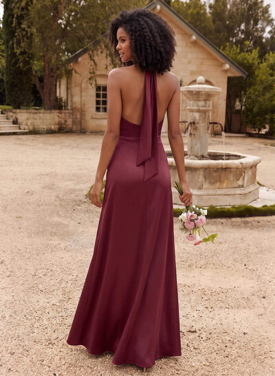Elegant A-Line Halter Sleeveless Floor-Length Charmeuse Bridesmaid Dresses With Back Hole