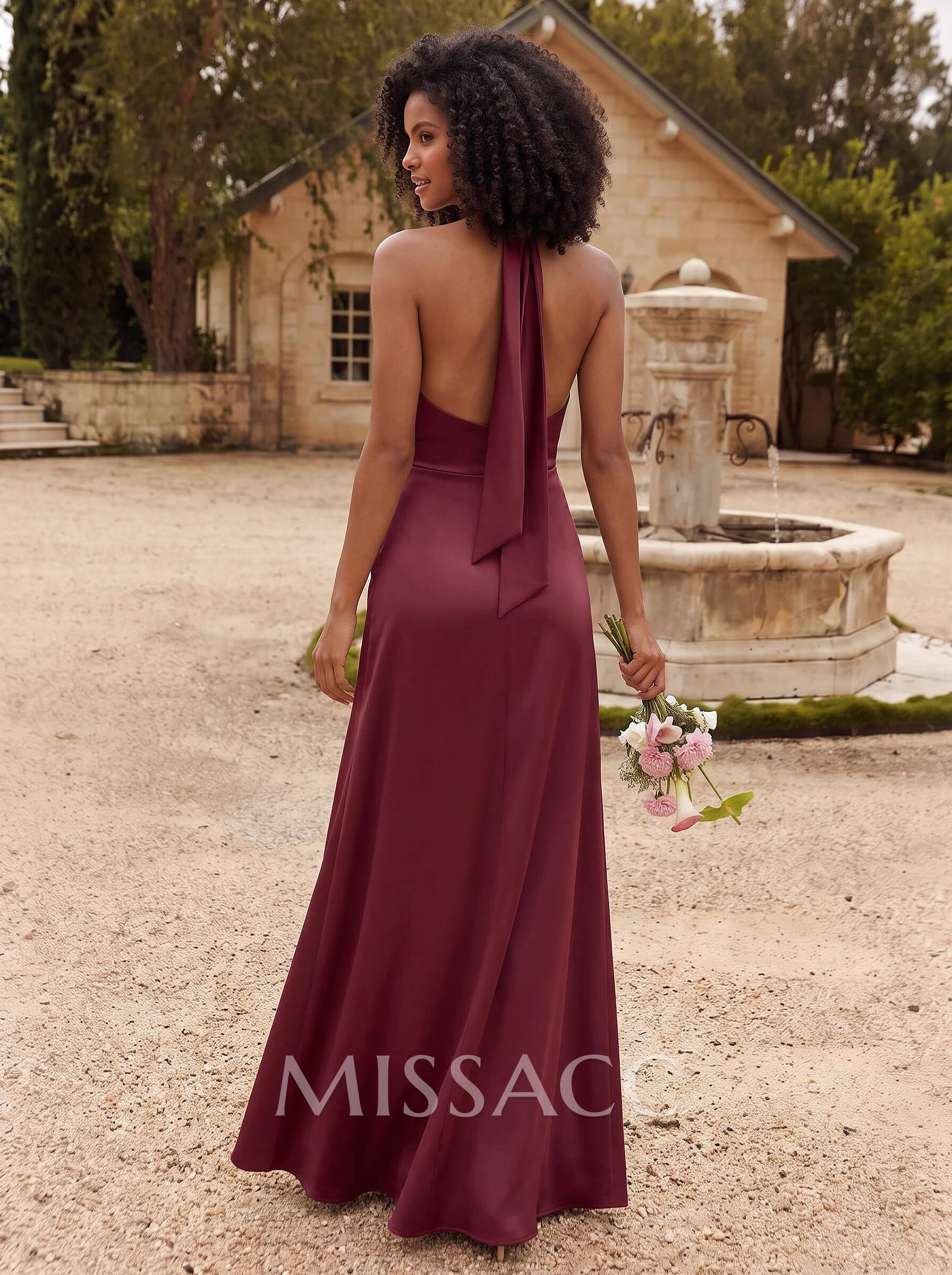 Elegant A-Line Halter Sleeveless Floor-Length Charmeuse Bridesmaid Dresses With Back Hole