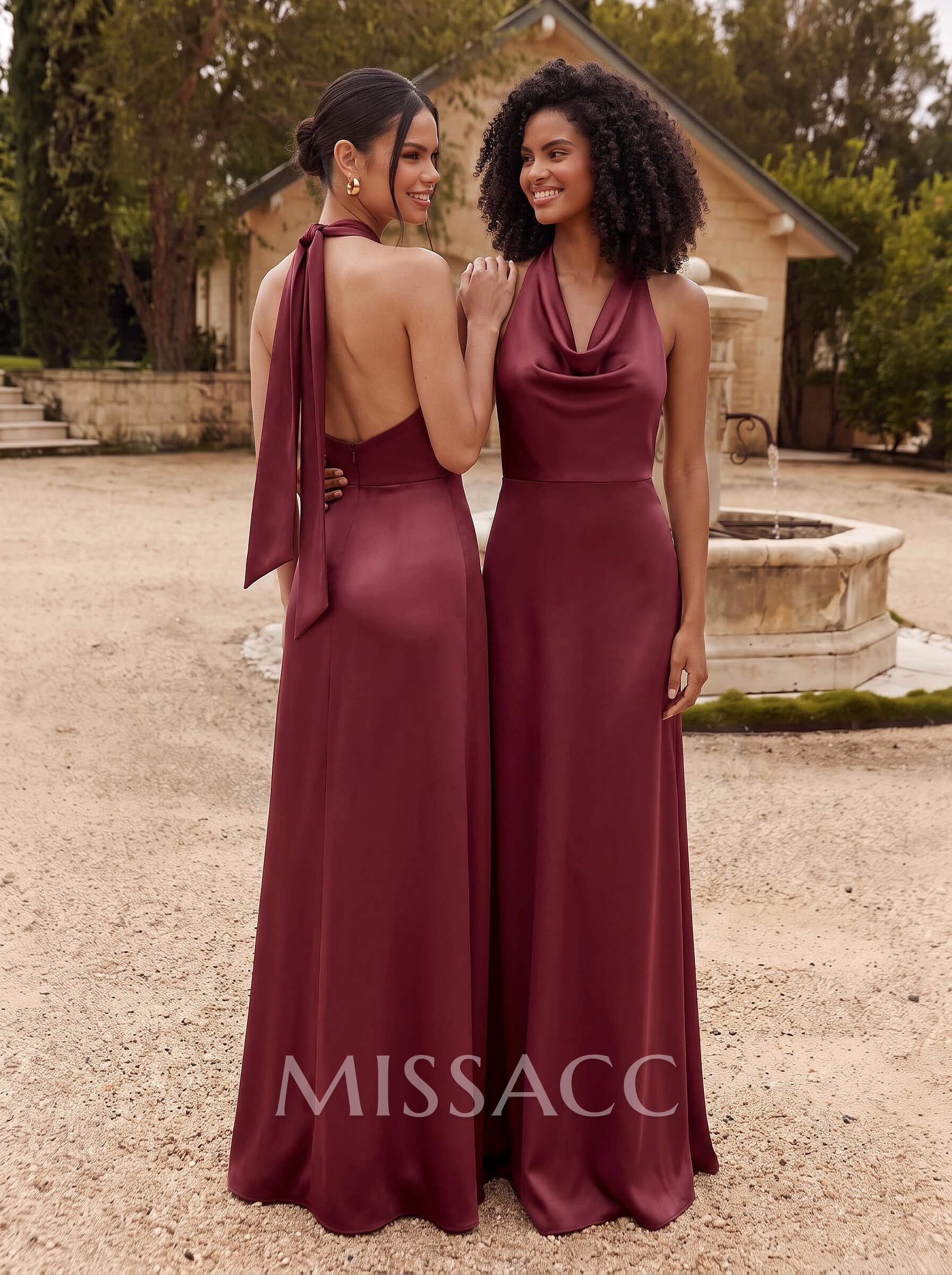 Elegant A-Line Halter Sleeveless Floor-Length Charmeuse Bridesmaid Dresses With Back Hole