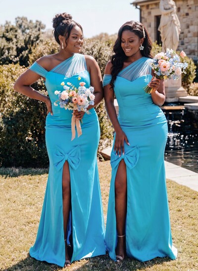 Elegant Trumpet/Mermaid Asymmetrical Sweep Train Elastic Satin Bridesmaid Dresses With Split Front/Bow(s)