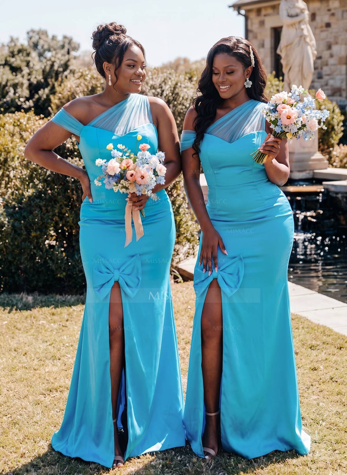 Elegant Trumpet/Mermaid Asymmetrical Sweep Train Elastic Satin Bridesmaid Dresses With Split Front/Bow(s)