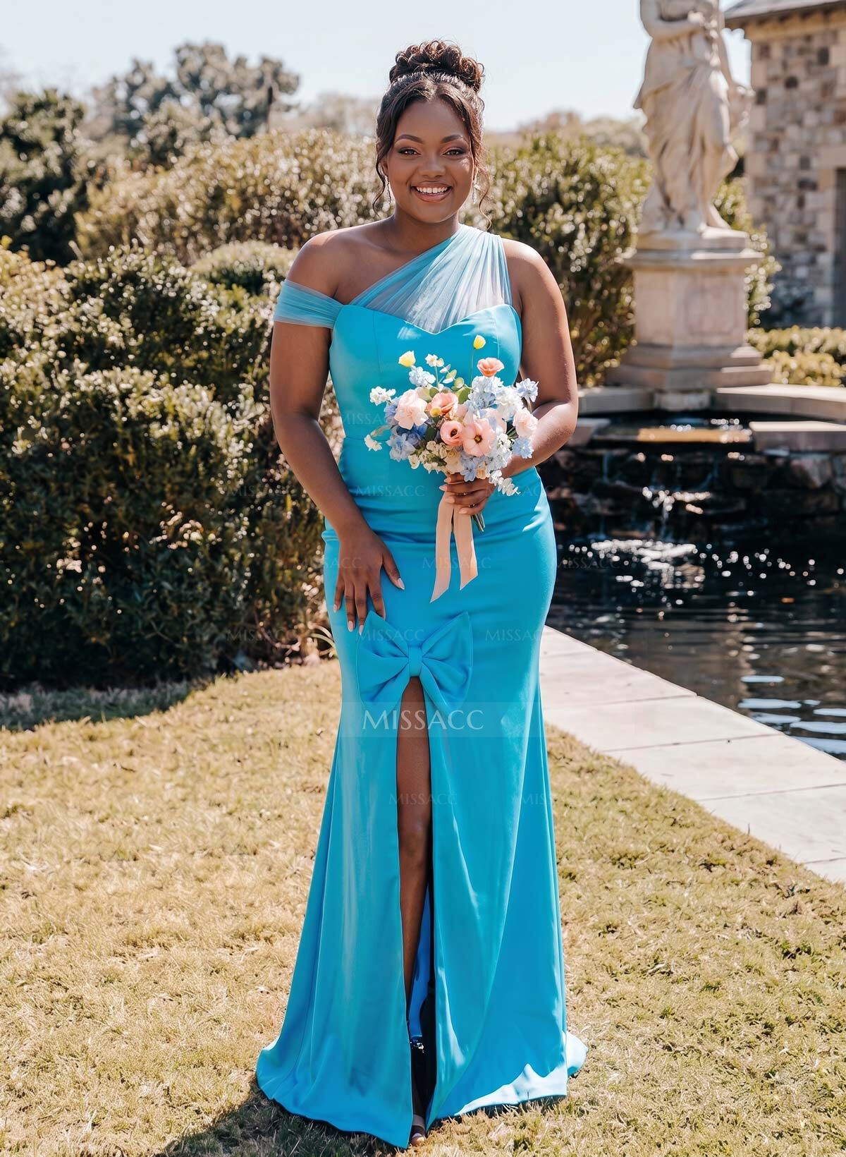 Elegant Trumpet/Mermaid Asymmetrical Sweep Train Elastic Satin Bridesmaid Dresses With Split Front/Bow(s)